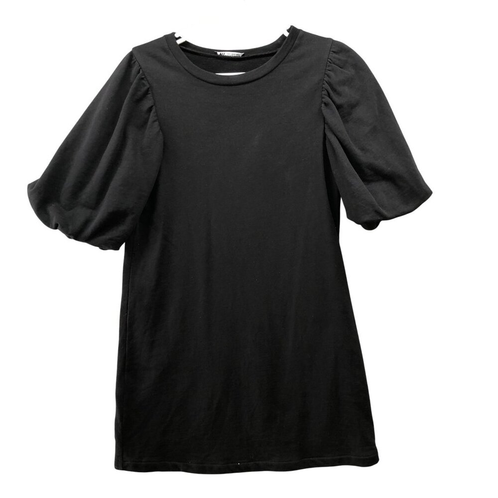 Zara Puff Sleeve Sweatshirt Dress Womens S Black Crewneck‎ Pullover Short Sleeve